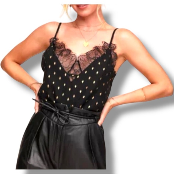 Adore Me Black Lace Cami w/ Gold Accents Adjustable Straps Black Lace Loose Fit - Picture 2 of 16